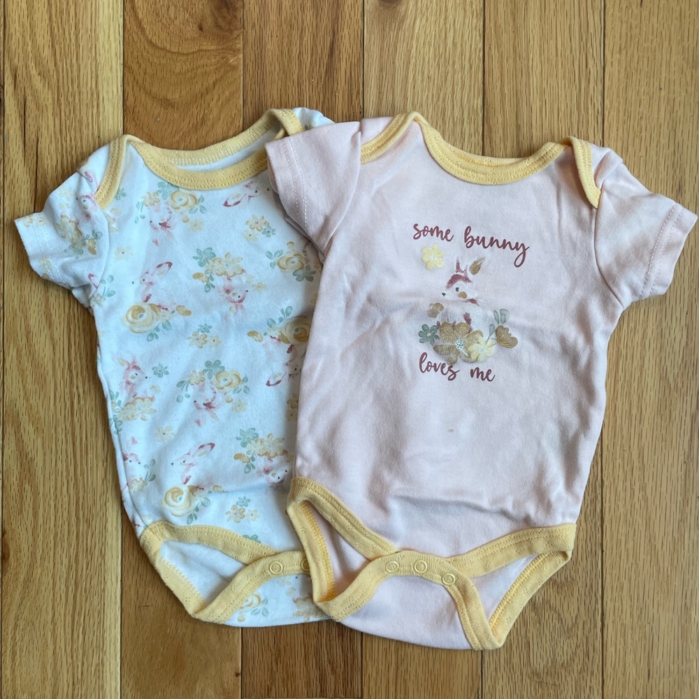 NWOT Two 3-6 month Kyle & Deena short-sleeved pink and white bunny print onesies
